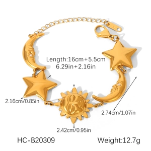 Detailed dimensions of 18K gold stainless steel star moon sun bracelet with weights