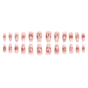 Pink gradient coffin press-on nails with 3D bunny and glitter heart designs 24pcs