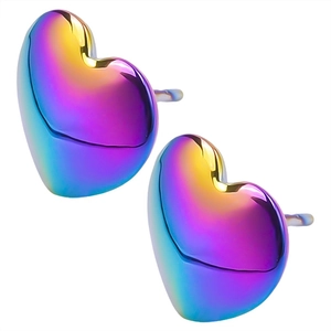 Detailed macro view of heart-shaped stainless steel earrings with rainbow gradient plating