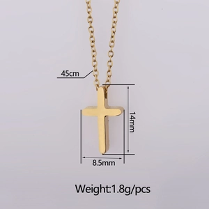 Polished gold stainless steel cross necklace with 45cm chain and 14mm pendant size