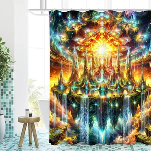 Detail of high-density waterproof polyester shower curtain with 3D fantasy floating island