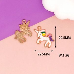 Detailed view showing front enamel unicorn charm and smooth back with dimensions