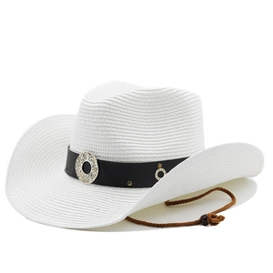 White woven western cowboy sun hat with black leather band and metal buckle detailing