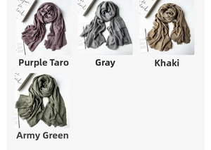 Detail of pleated scarves in purple, grey, khaki and army green with frayed edges