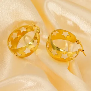 Chic 18K gold plated wide hoop earrings with hollow star patterns on silk fabric