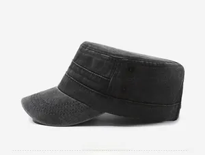 Detail of dark grey washed denim cadet cap with vintage style and side stitching
