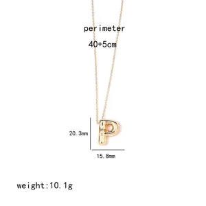 Detailed size specifications for a gold initial P pendant necklace on a slim chain