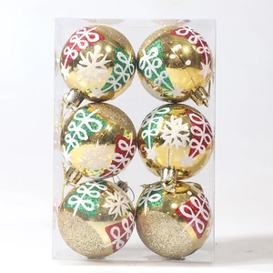 Set of 6 gold Christmas balls with red and green glitter patterns in clear box packaging