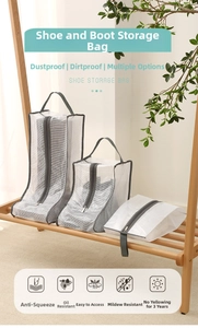 Three sizes of mesh shoe storage bags for boots and sneakers on a wooden shelf