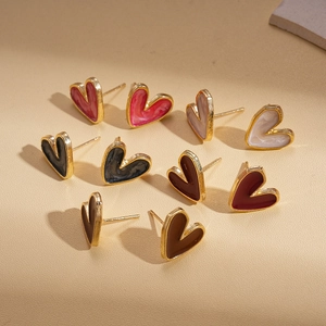 Ten-piece set of heart enamel stud earrings with gold plating and various colors