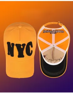 Detail view of the NYC patch embroidery, cotton twill fabric, and adjustable metal buckle