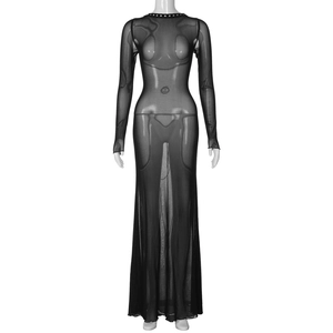 Close-up of sheer mesh maxi dress featuring elegant rhinestone trim on the neckline
