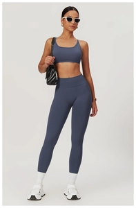 Full view of high waist navy blue yoga set featuring sports bra and leggings for fitness