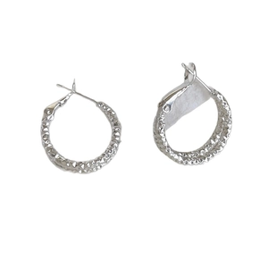 Silver plated double layer geometric round earrings with textured diamond cut finish
