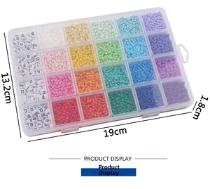 Detailed view of 24-grid jewelry box with colorful glass seed beads and letter beads