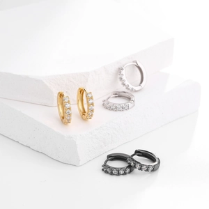Detailed view of luxury S925 silver hoop earrings with pavé zircon in gold silver and black