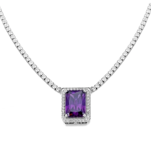 Elegant silver tennis necklace featuring a large rectangular purple zircon pendant