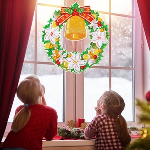 5D DIY Diamond Art Christmas Wreath with golden bells and red bow for home decor
