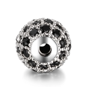 Silver bead with black cubic zirconia pavé for DIY bracelets, 6-10mm spacing jewelry parts