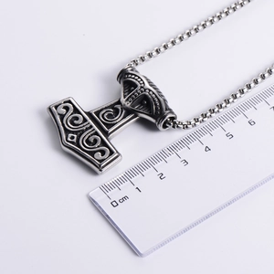 Nordic Mjolnir pendant in silver stainless steel with Viking engravings and 4cm size