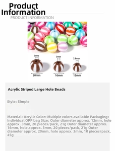 Detailed size chart for acrylic striped beads with 12mm 16mm and 20mm outer diameters