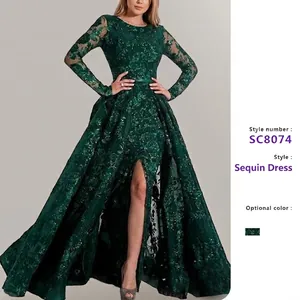 Women Emerald Green Sequin Lace Evening Dress Long Sleeve High Slit Elegant Party Formal Ball Gown Floor Length