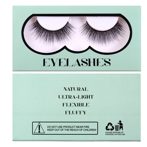 Natural thick synthetic false eyelashes in light green packaging, ultra-light and fluffy