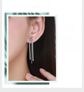 Detailed view of silver S925 tassel earrings with sparkling star element worn by a model