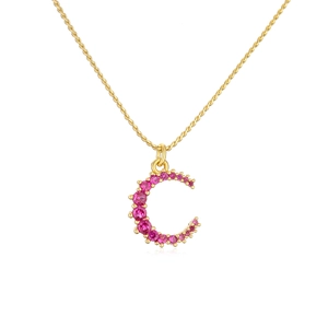 18K gold plated brass necklace with C-shaped pendant and inlaid pink zircon stones