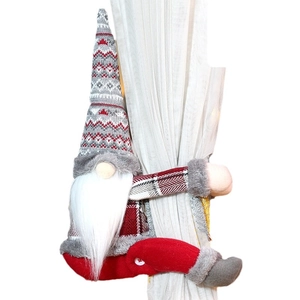 Christmas forest gnome curtain buckle with long legs in red and grey stripes