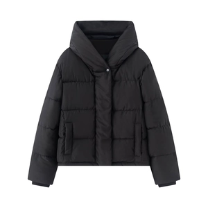 Women's black hooded waterproof windproof puffer jacket with quilted finish