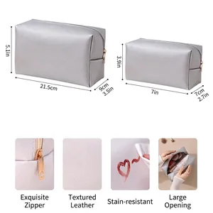 Silver PU leather makeup bag set with cross-grain texture and rose gold metal zippers
