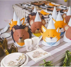 Jungle theme party hats and tableware set featuring lion fox and bear zoo designs