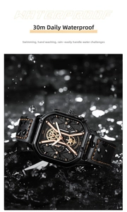 Waterproof chronograph watch for men with black leather strap and orange stitching