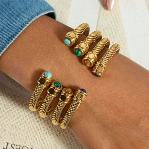 Vintage gold twisted cable open cuff bracelets with colorful natural stone end caps