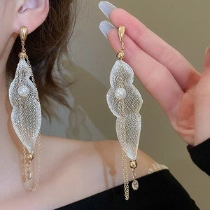 Detail of drop tassel earrings with mesh wrap pearl and long gold chain on model