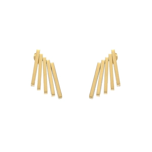 Elegant gold fan-shaped geometric earrings with multi-bar design on white background