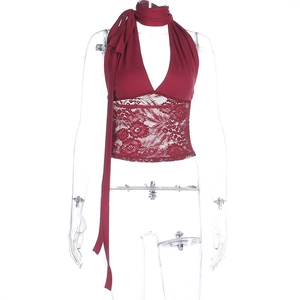 Detail of burgundy halter top featuring intricate lace splicing and neck band detail