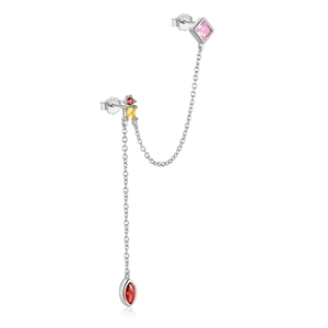 Detailed macro shot of 925 silver double earring with colorful zircon and tassel chains