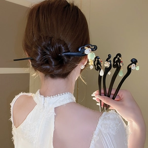 Elegant Chinese style wooden hair stick with white flowers and rabbit motif tassels