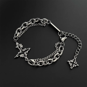 Mens dark punk double chain bracelet with silver titanium steel and black cross star charm