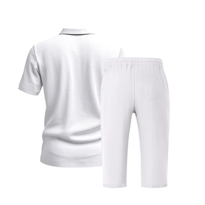 Rear view of white linen polo set showing breathable fabric texture and elastic waistband
