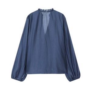Women's dark blue layered ruffle collar blouse with puff sleeves and loose fit design
