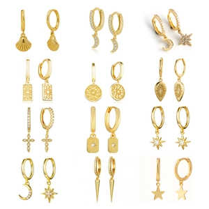 Geometric Huggie Hoop Earrings With 925 Sterling Silver Earring Post Zircon Inlaid Shell Star Moon Heart Cross Pendants
