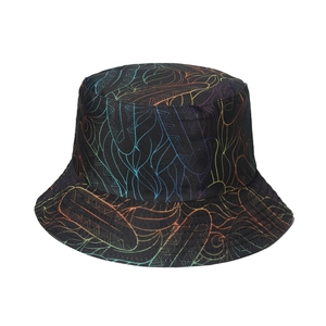 Reversible bucket hat with colorful dragon stripe patterns on a black canvas base