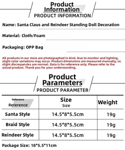 Detailed view of Santa and Reindeer doll ornaments with size and material specifications
