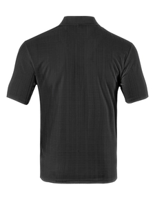 Detail of black polo shirt showing the waffle grid fabric texture from the back view