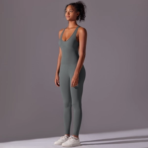 Detail of gray-green seamless yoga jumpsuit showing U-neckline and backless design
