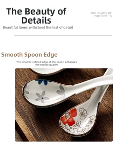 Macro detail of high-quality ceramic spoons with blue and red floral patterns on wood
