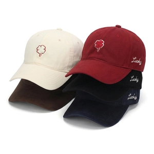 Adjustable cotton baseball caps with lucky clover embroidery in five assorted colors